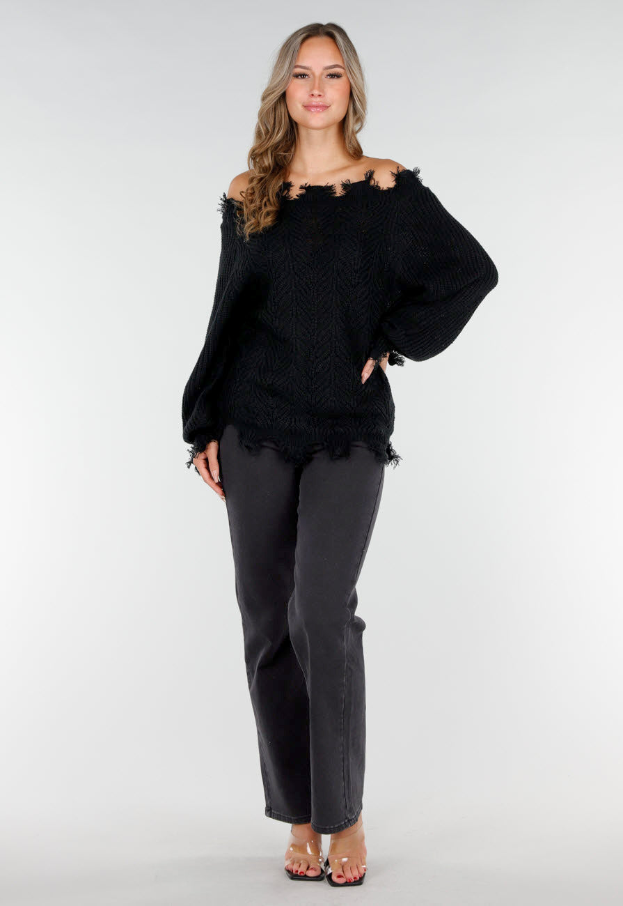 Zwarte Off-Shoulder Trui met Franje Detail