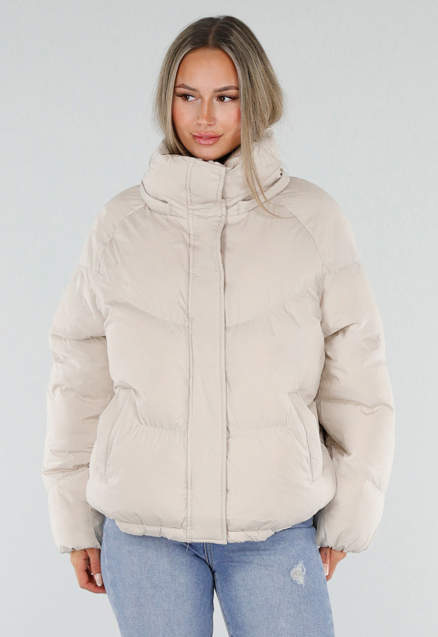 Beige Gewatteerde Puffer Winterjas met Capuchon en Rits