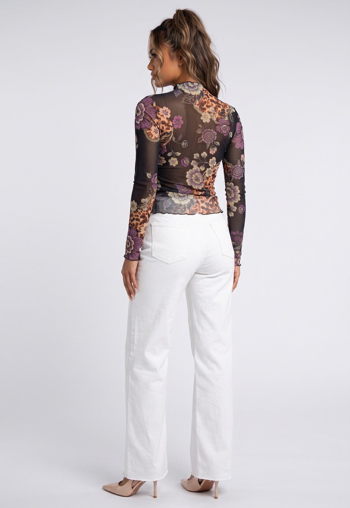 Zwarte Mesh Top met Bloemen- en Luipaardprint en Lange Mouwen