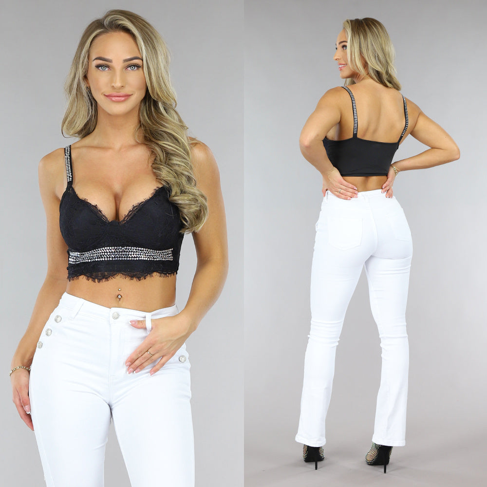 Zwarte Kanten Crop Top met Glitter Steentjes