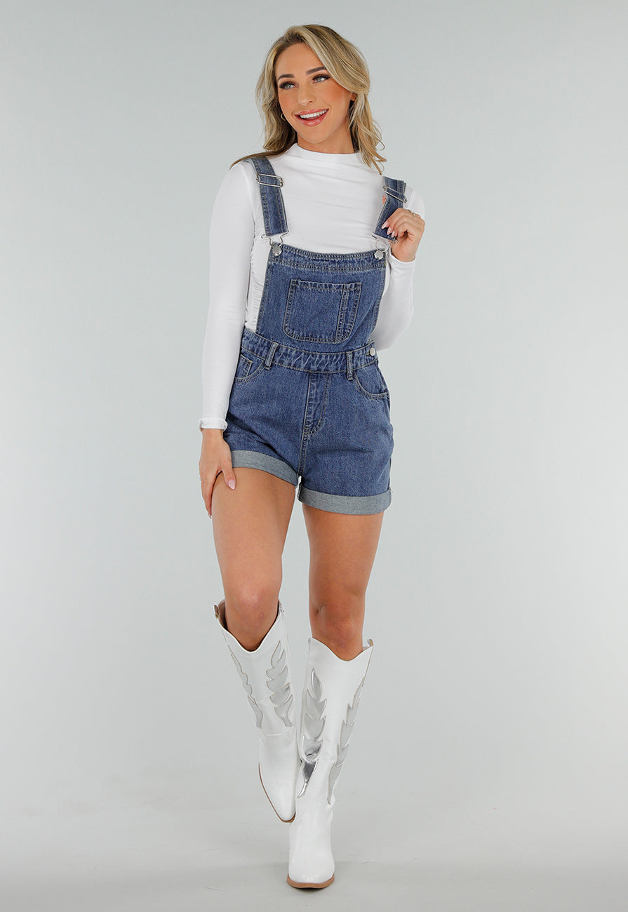 Denim Tuinbroek Playsuit met Verstelbare Bandjes en Zakken