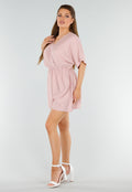 Oudroze Playsuit met Linnenlook en Overslag V-Hals