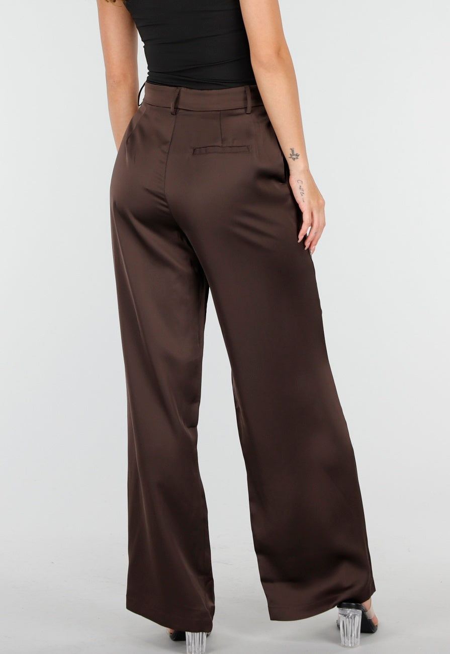 Donkerbruine Satijnlook Wide Leg Broek met Hoge Taille