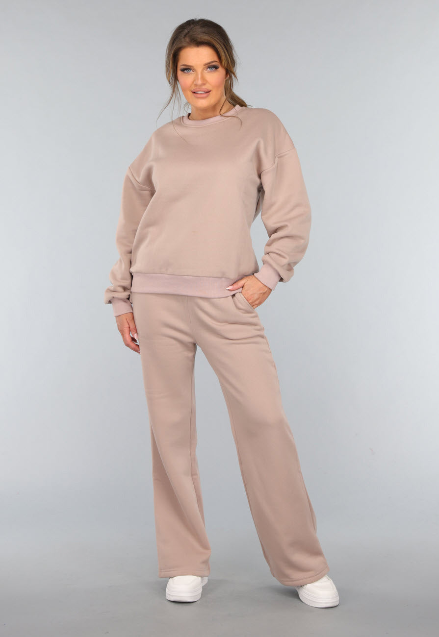 Taupe Joggingpak met Wijduitlopende Broek