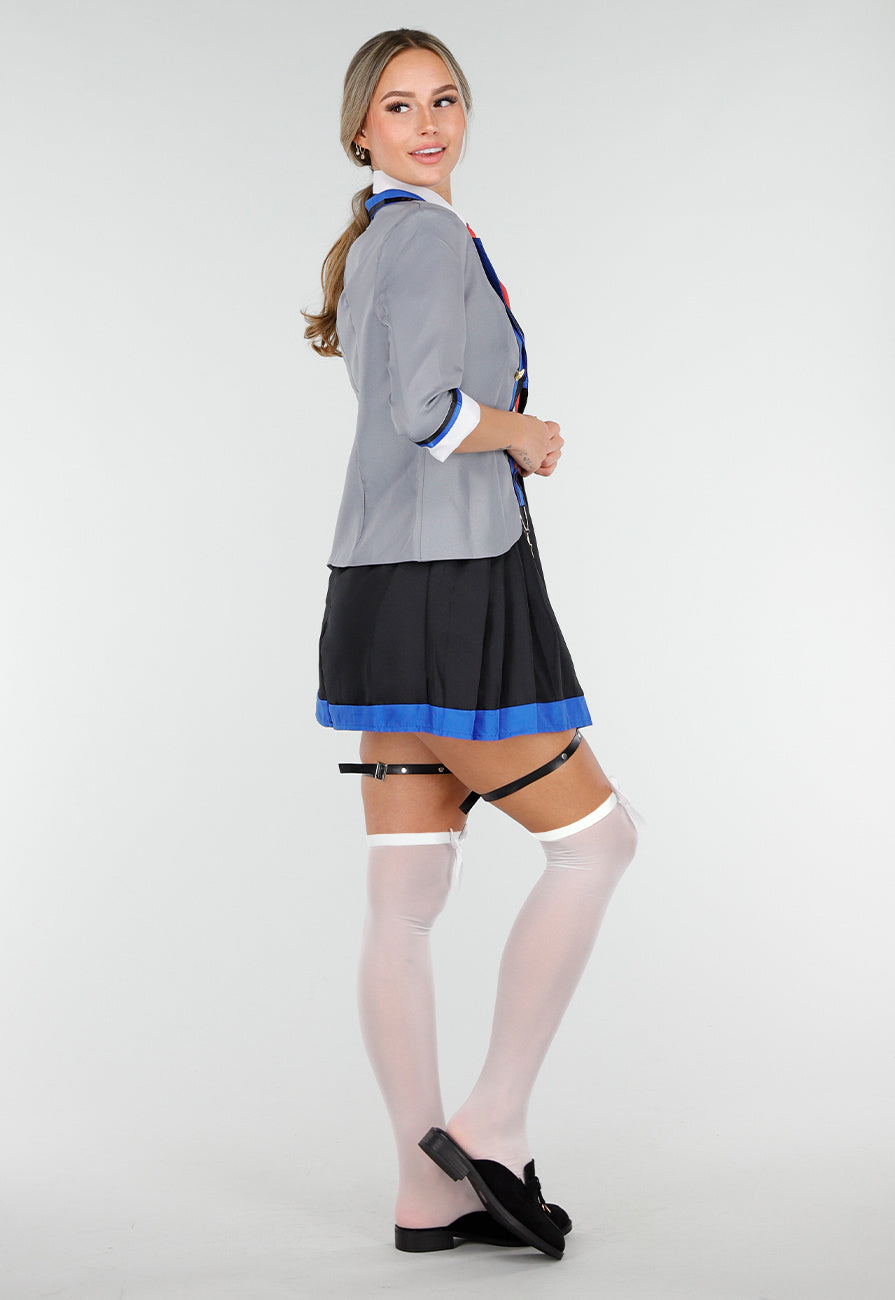 School Uniform Kostuum met Grijze Blazer Blouse Set met Rok en Stropdas