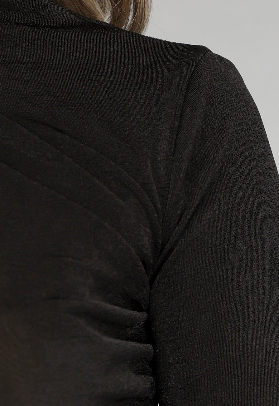 Zwarte Glans Top met Geplooid Detail