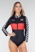 Race Kostuum met Rood Zwarte Bodysuit Geblokt Racepatroon met Stretch