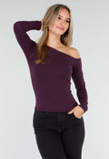 Paarskleurige One Shoulder Stretch Top met Lange Mouwen en Aansluitende Pasvorm