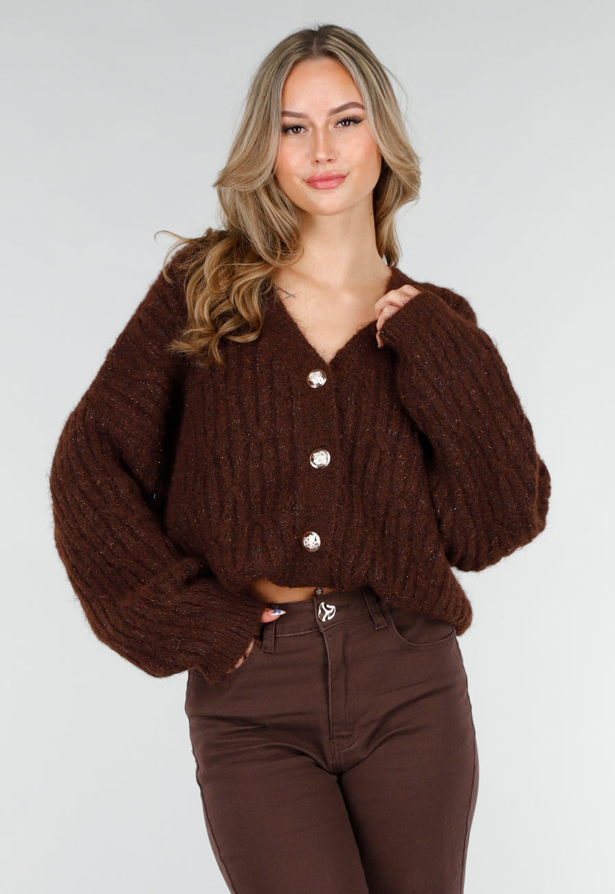 Gebreide Bruine Cardigan met Lurex en Goudkleurige Knopen