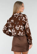 Bruine Blouse met Bloemenprint en Lange Mouwen