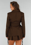 Bruine Tweedelige Set met Blazer met Veteraccent en Rok met Hoge Taille