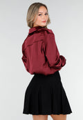 Bordeaux Satijnlook Blouse met Lange Mouwen en Knoopsluiting