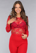 Rode Lace Stretch Jumpsuit met Rechte Pijpen