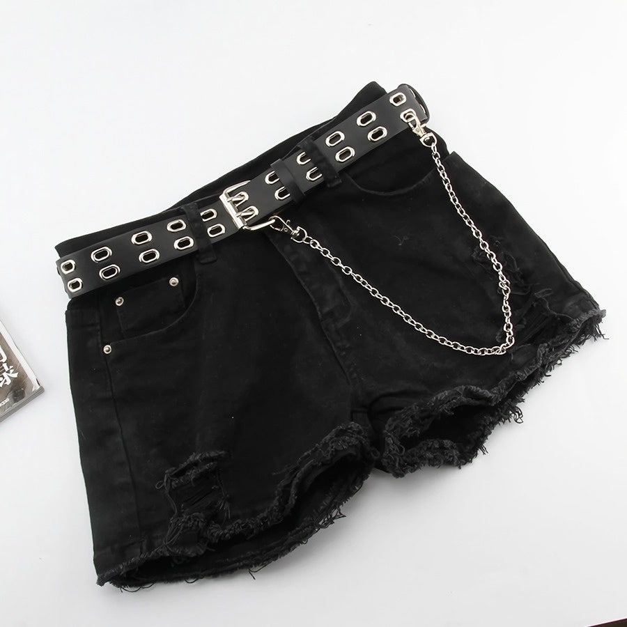 Zwarte Riem met Dubbele Ringen en Ketting