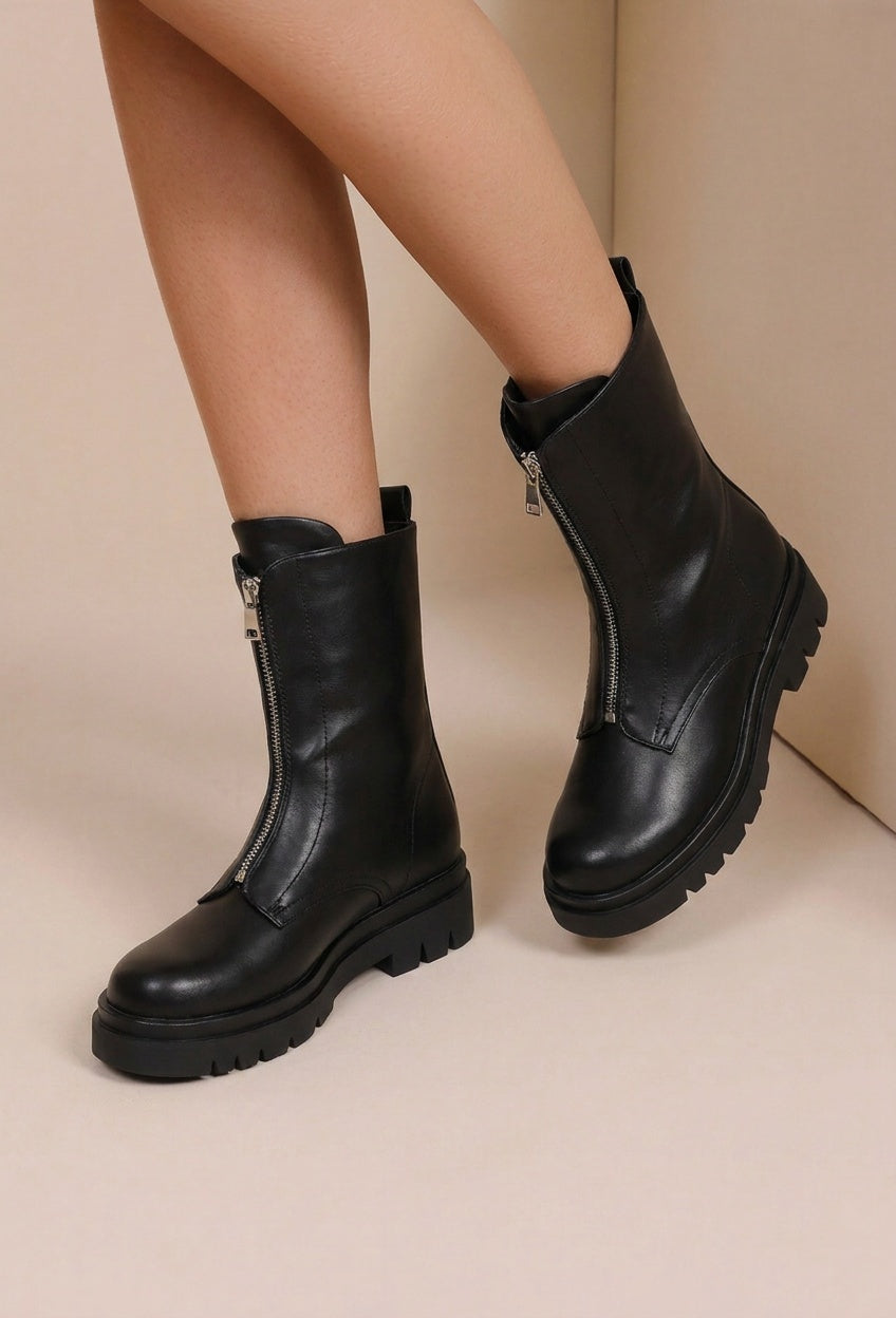 Zwarte Biker Boots met Rits en Grove Zool