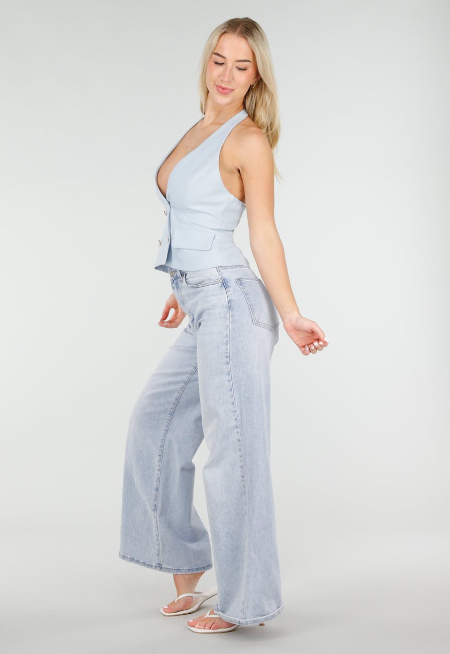 Lichtblauwe Gilet Top met Open Rug en Gouden Knopen
