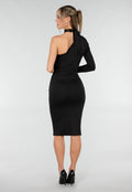 Zwarte One Shoulder Midi Jurk met Lange Mouw