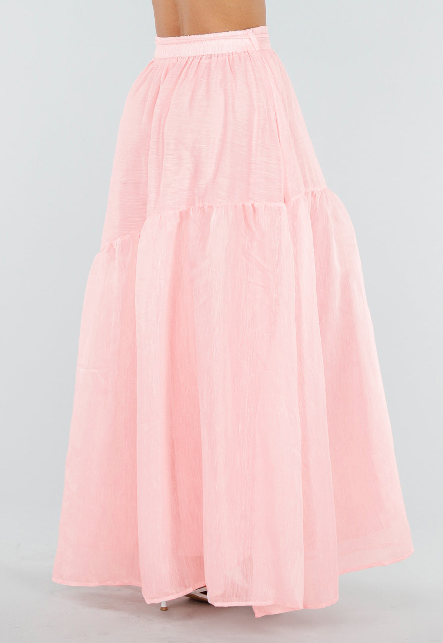 Lichtroze Maxi Rok met Strikceintuur en Volant