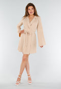 Beige Wikkeljurk Met Lange Mouwen en Linnenlook