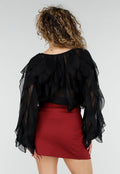 Zwarte Chiffon Blouse met Ruffle Details en Lange Mouwen