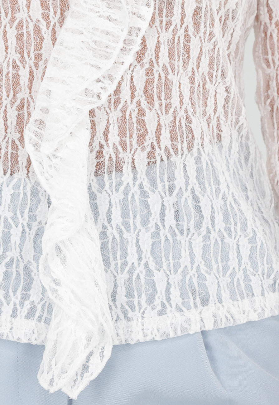 Witte Kant Top met Ruches en Lange Mouwen