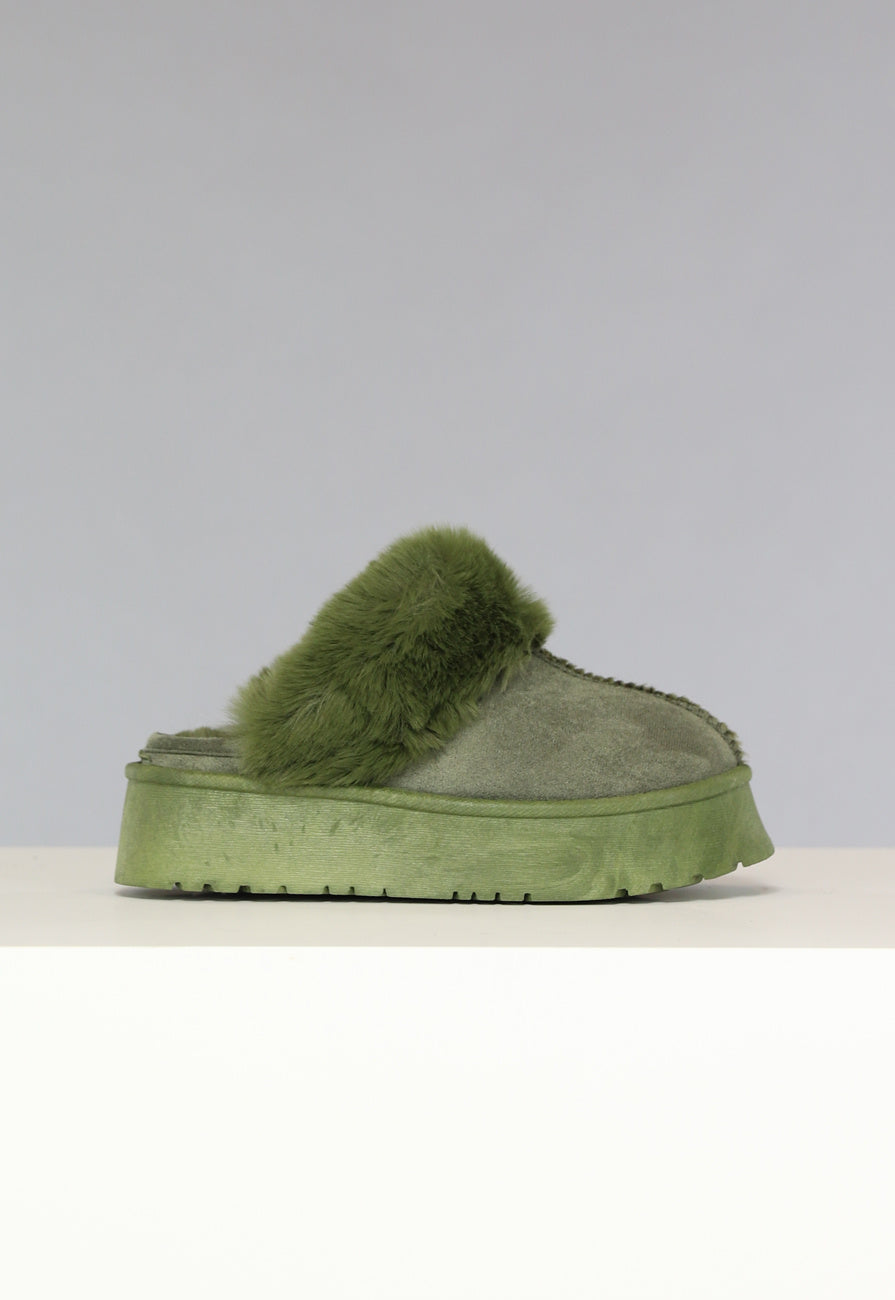 Groene Plateau Pantoffels met Imitatiebont