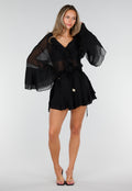 Zwarte Chiffon Blouse met Ruches en Knoopsluiting