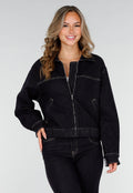 Donkerblauwe Denim Jas met Rits, Kraag en Elastische Zoom