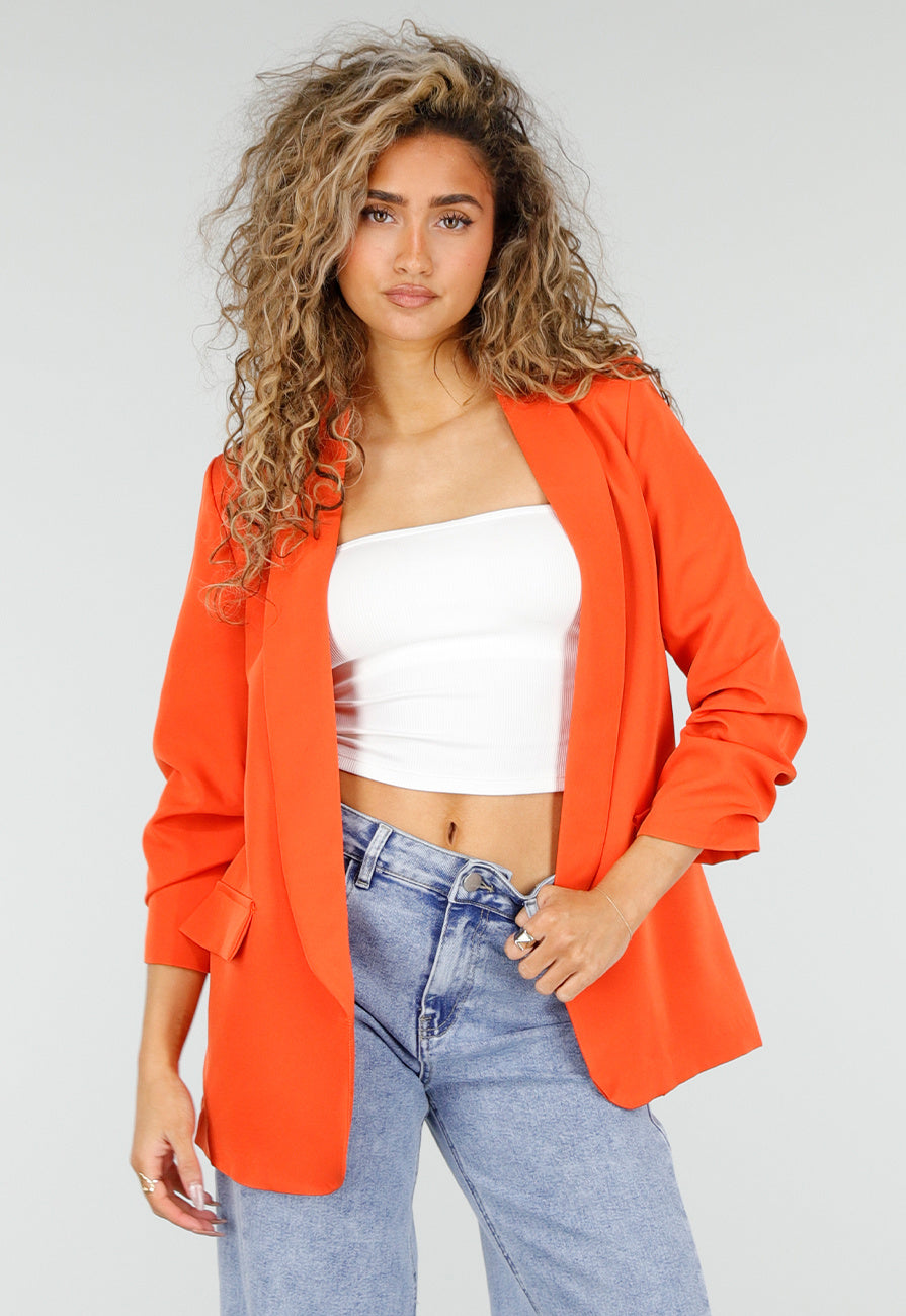 Oranje Getailleerde Blazer met Geplooide Driekwart Mouwen