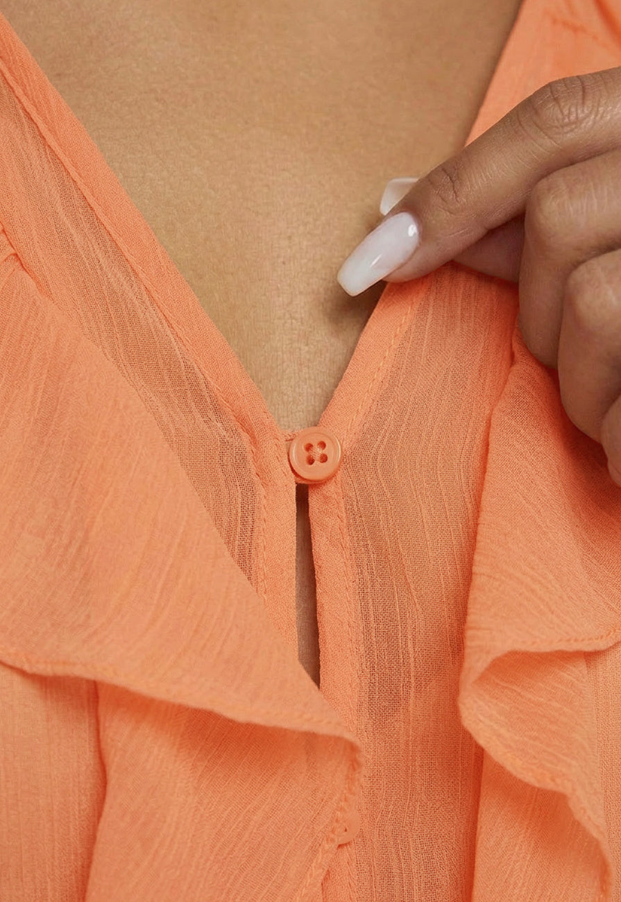 Oranje Chiffon Blouse met Ruffle Details en Lange Mouwen