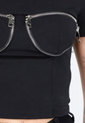 Zwarte Crop Top met Rits Details en Korte Mouwen