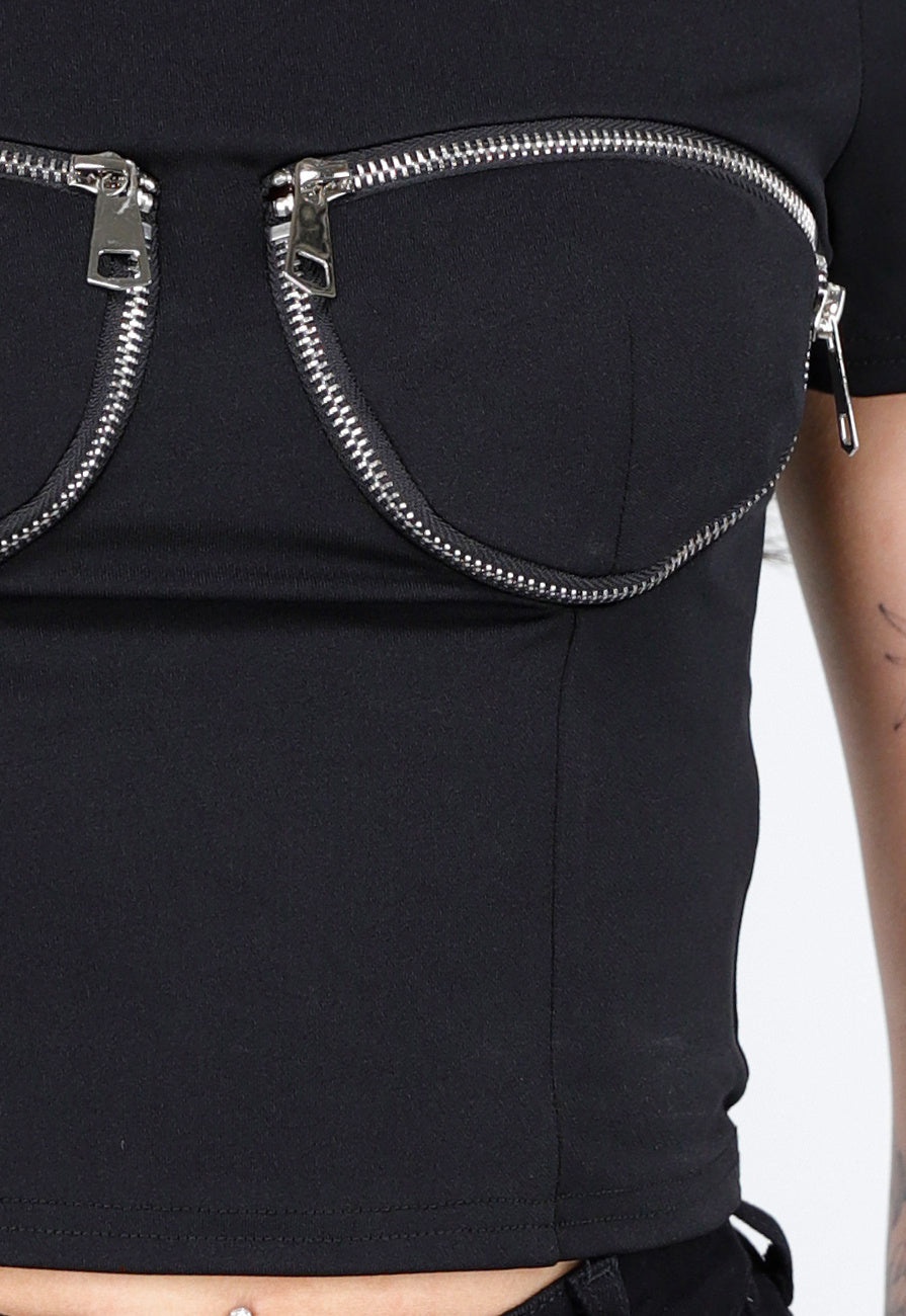 Zwarte Crop Top met Rits Details en Korte Mouwen