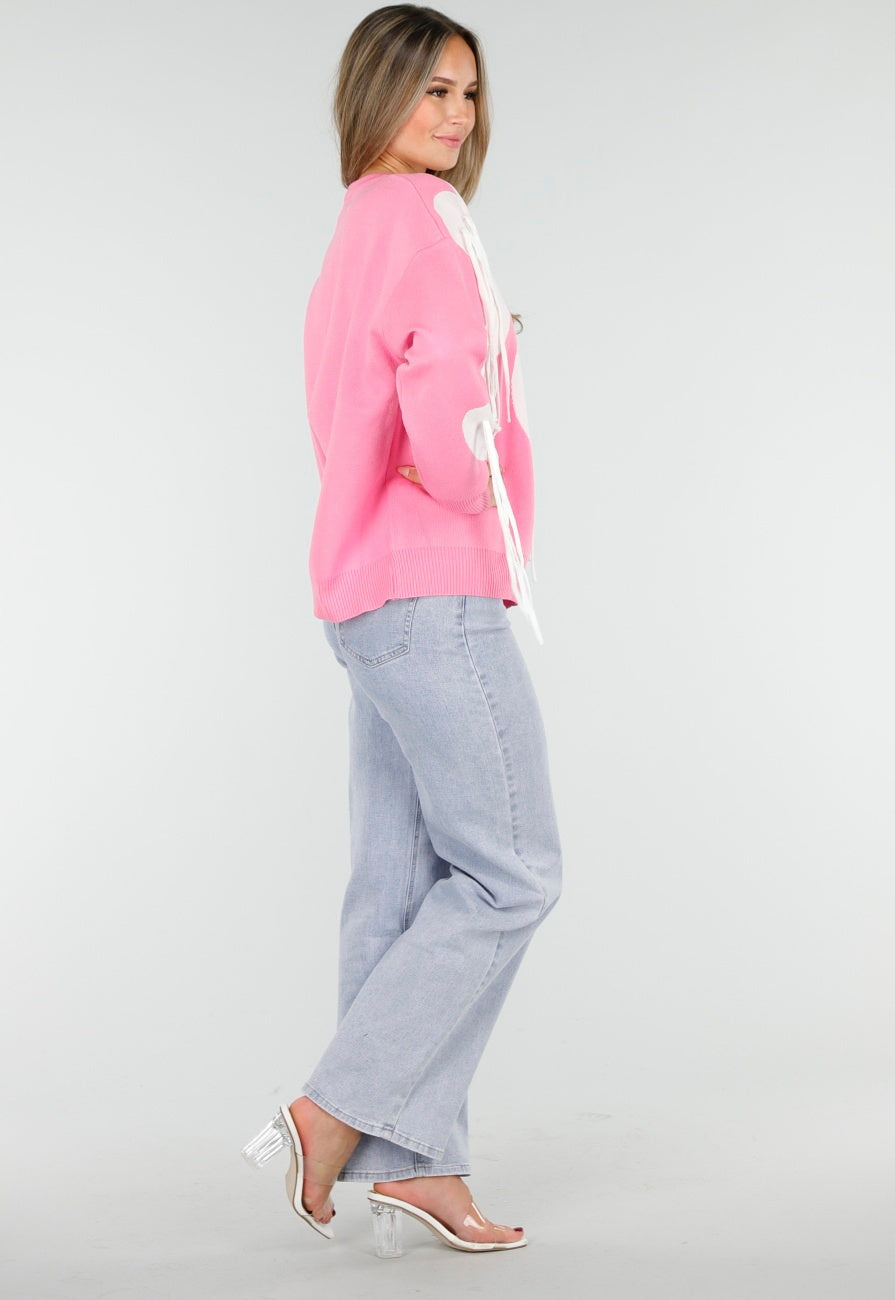 Roze Trui met Witte Hartprint en Franjes