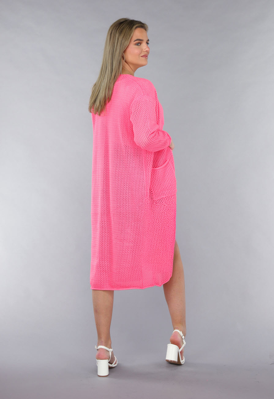 Lang Roze Gebreid Vest met Statement Knopen