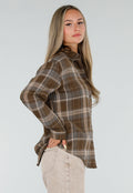 Bruine Geruite Blouse met Lange Mouwen en Iconic Club Tekst