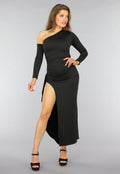 One Shoulder Split Jurk met Ruffles