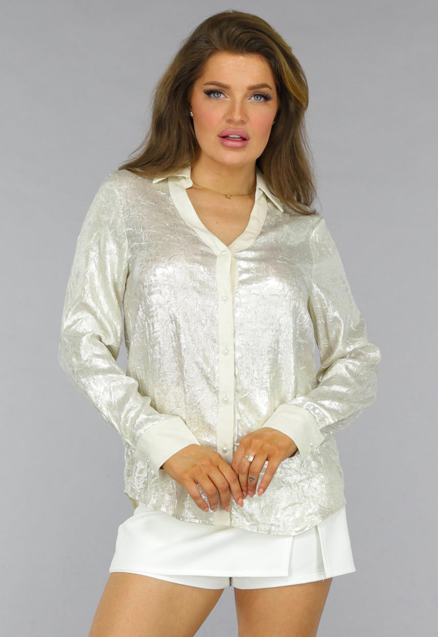 Beige Metallic Blouse met Parel Knopen