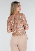Beige Pailletten Top met Korte Mouwen en Ronde Hals