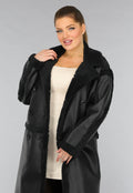 Lange Zwarte Lederlook Teddy Trenchcoat