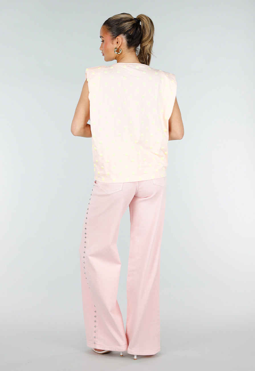 Roze Mouwloze Top met Gele Stippen en Schoudervulling