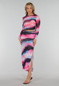Zwart Roze Watercolor Stretch Mesh Cropped Top met Lange Mouwen en Geplooid Detail