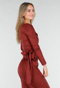 Rode Suède Look Wikkel Top met Lange Mouwen en Stretch