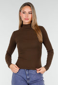 Bruine Zachte Stretch Top met Lange Mouwen en Col