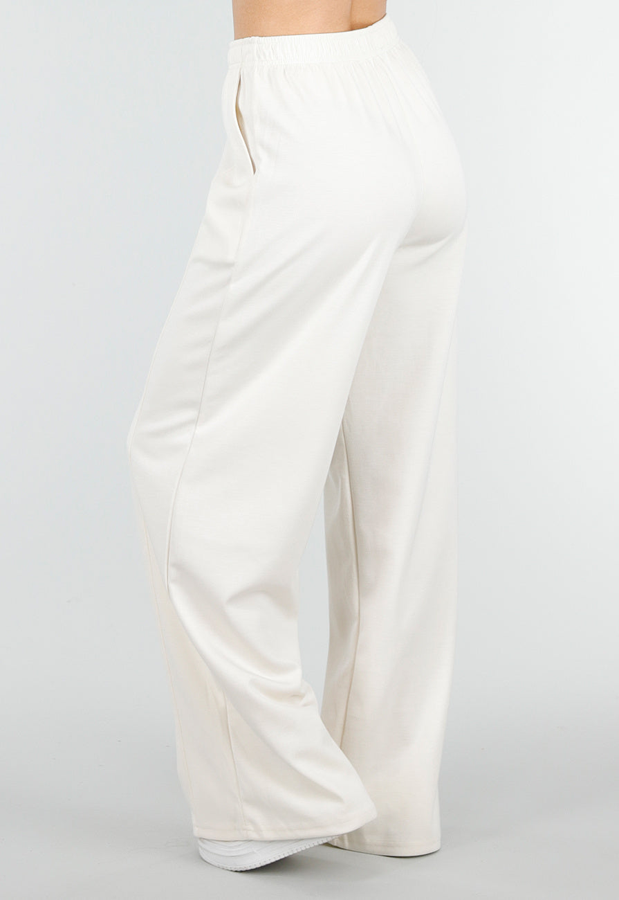 Beige Wide Leg Joggingbroek met Elastische Taille en Stretch