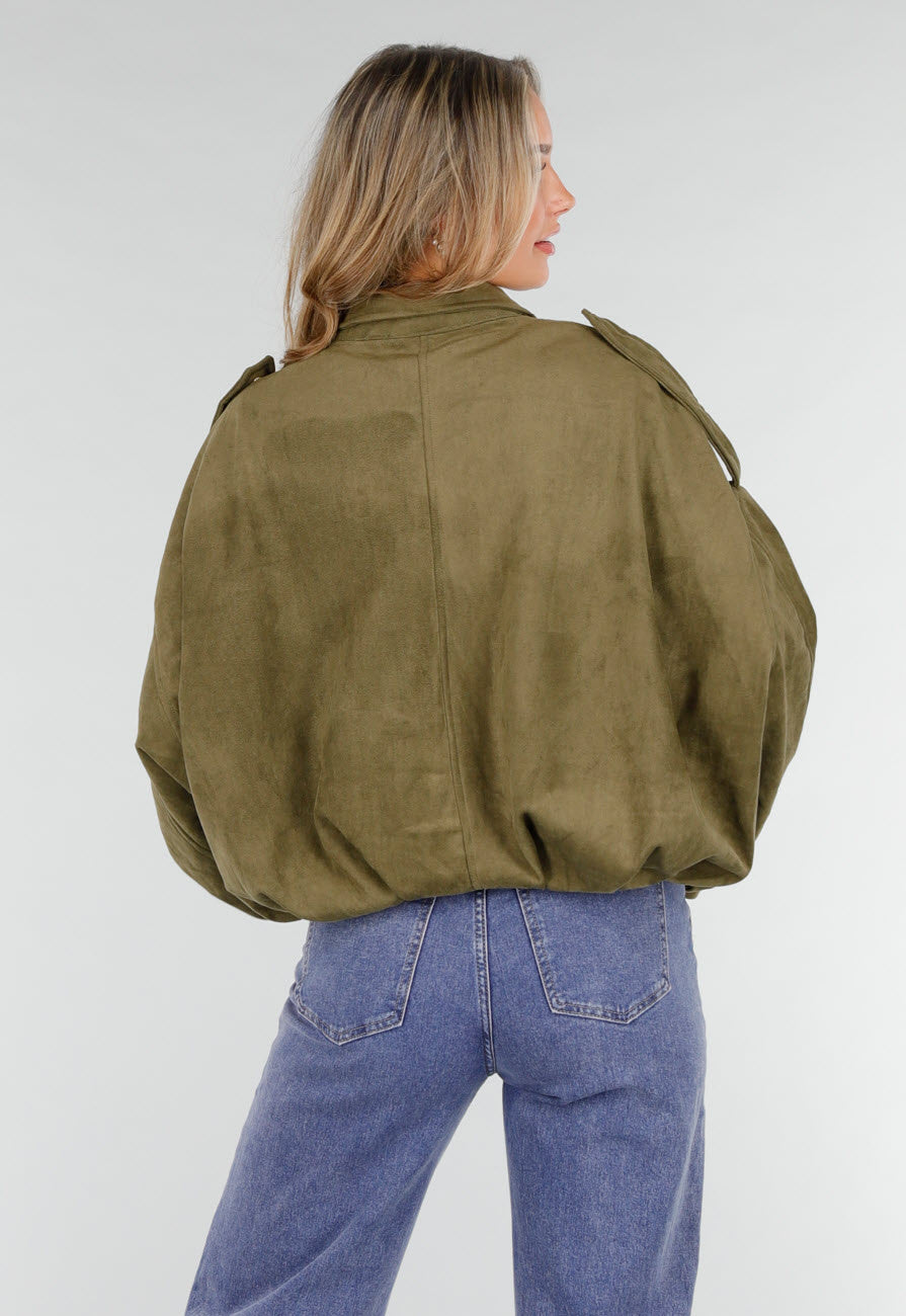 Olijfgroene Oversized Jas van Suède Look met Kraag en Lange Mouwen