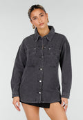 Donkergrijze Denim Blouse met Drukknoopsluiting en Lange Mouwen