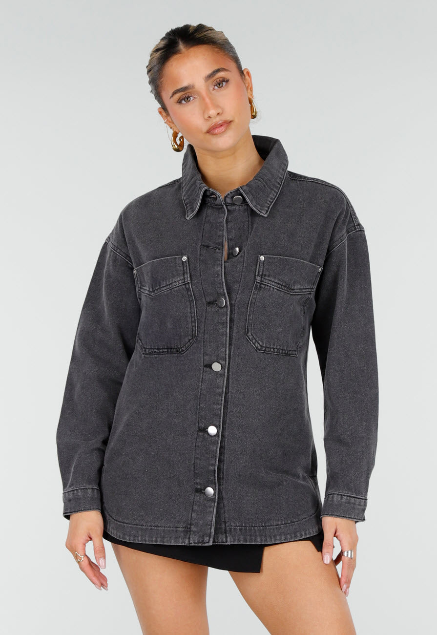 Donkergrijze Denim Blouse met Drukknoopsluiting en Lange Mouwen