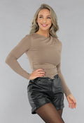 Taupe Topje met Gedrapeerde Hals