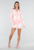 Roze Gebreide Ruitpatroon Set met Trui en Rok