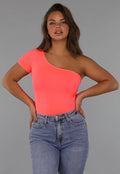 Neon Coral Bodysuit met One Shoulder